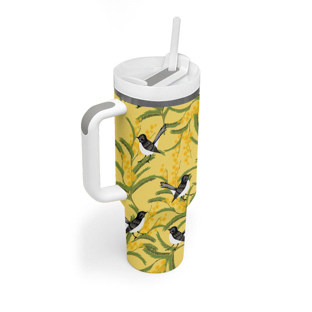 Australia Wattle Day Tumbler With Handle Acacia Pycnantha Willie Wagtail Seamless Style