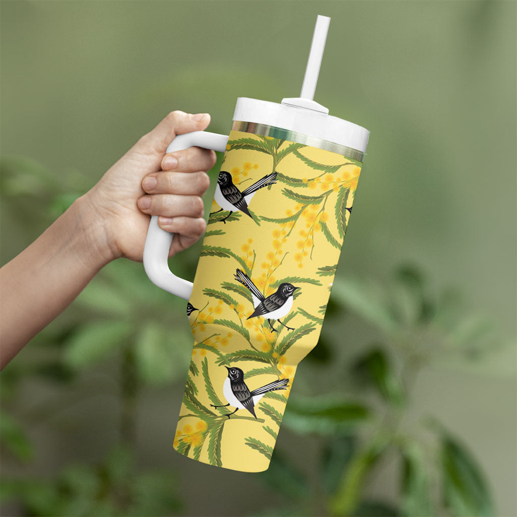 Australia Wattle Day Tumbler With Handle Acacia Pycnantha Willie Wagtail Seamless Style