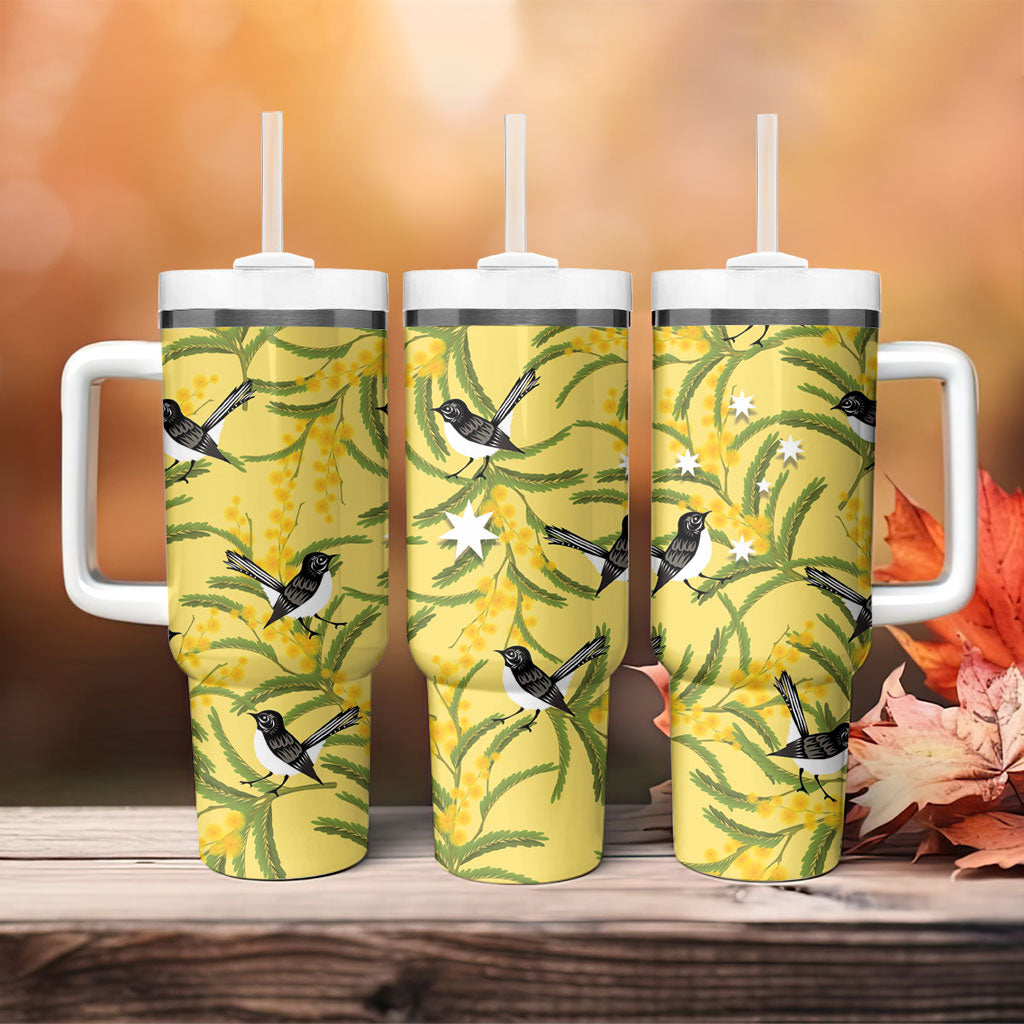 Australia Wattle Day Tumbler With Handle Acacia Pycnantha Willie Wagtail Seamless Style