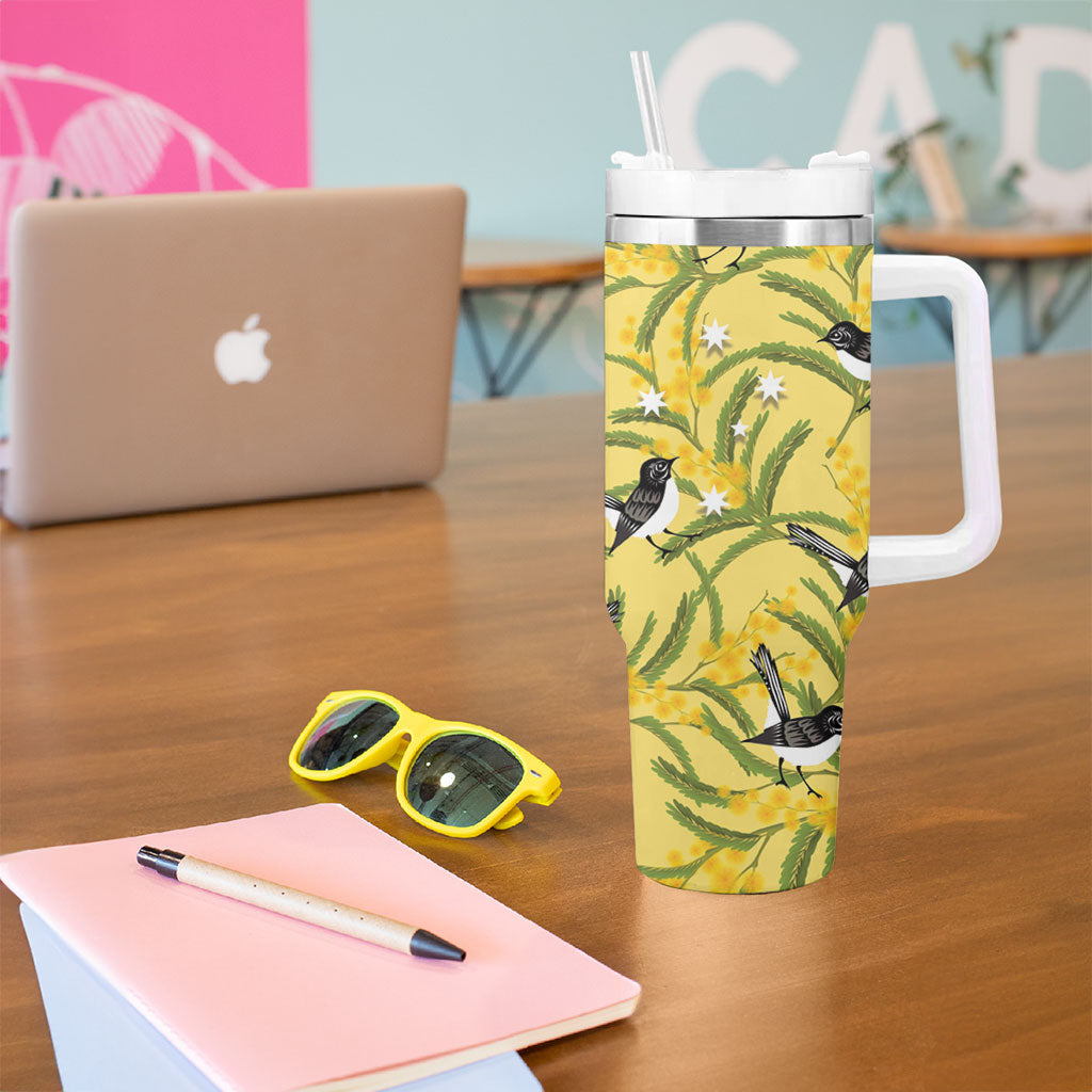 Australia Wattle Day Tumbler With Handle Acacia Pycnantha Willie Wagtail Seamless Style