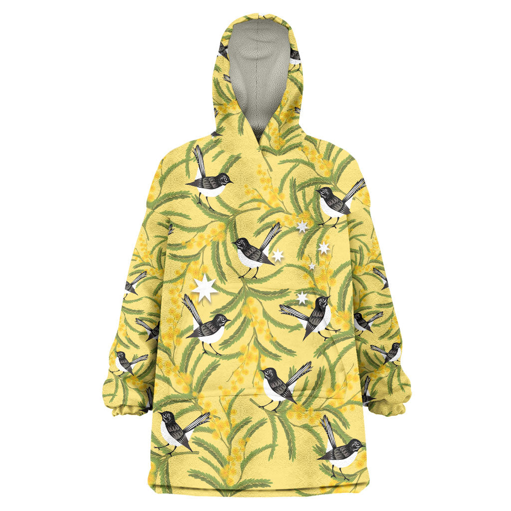 Australia Wattle Day Wearable Blanket Hoodie Acacia Pycnantha Willie Wagtail Seamless Style