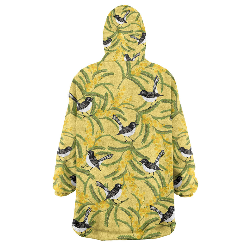 Australia Wattle Day Wearable Blanket Hoodie Acacia Pycnantha Willie Wagtail Seamless Style