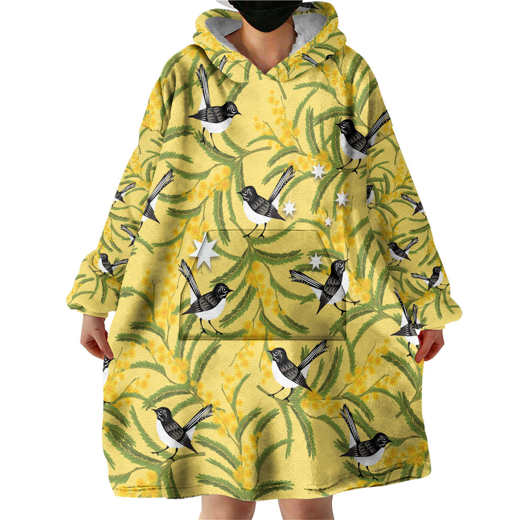 Australia Wattle Day Wearable Blanket Hoodie Acacia Pycnantha Willie Wagtail Seamless Style