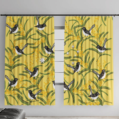 Australia Wattle Day Window Curtain Acacia Pycnantha Willie Wagtail Seamless Style