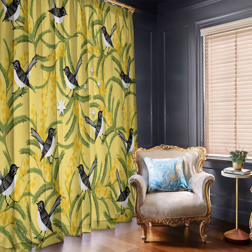 Australia Wattle Day Window Curtain Acacia Pycnantha Willie Wagtail Seamless Style