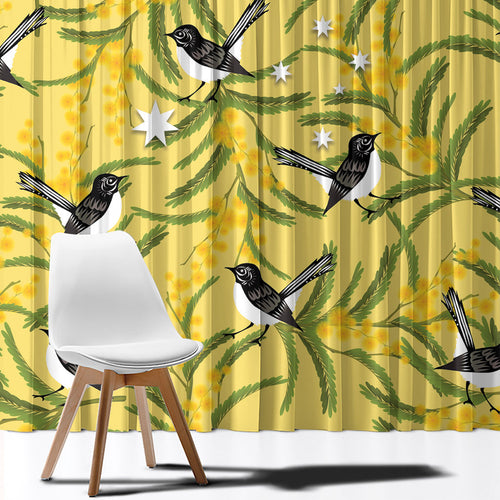 Australia Wattle Day Window Curtain Acacia Pycnantha Willie Wagtail Seamless Style