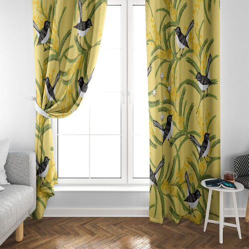 Australia Wattle Day Window Curtain Acacia Pycnantha Willie Wagtail Seamless Style