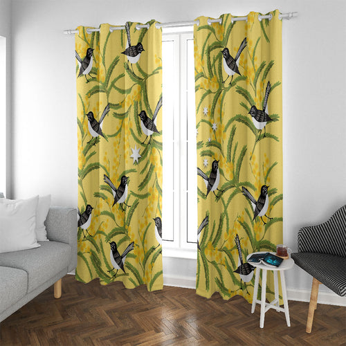 Australia Wattle Day Window Curtain Acacia Pycnantha Willie Wagtail Seamless Style