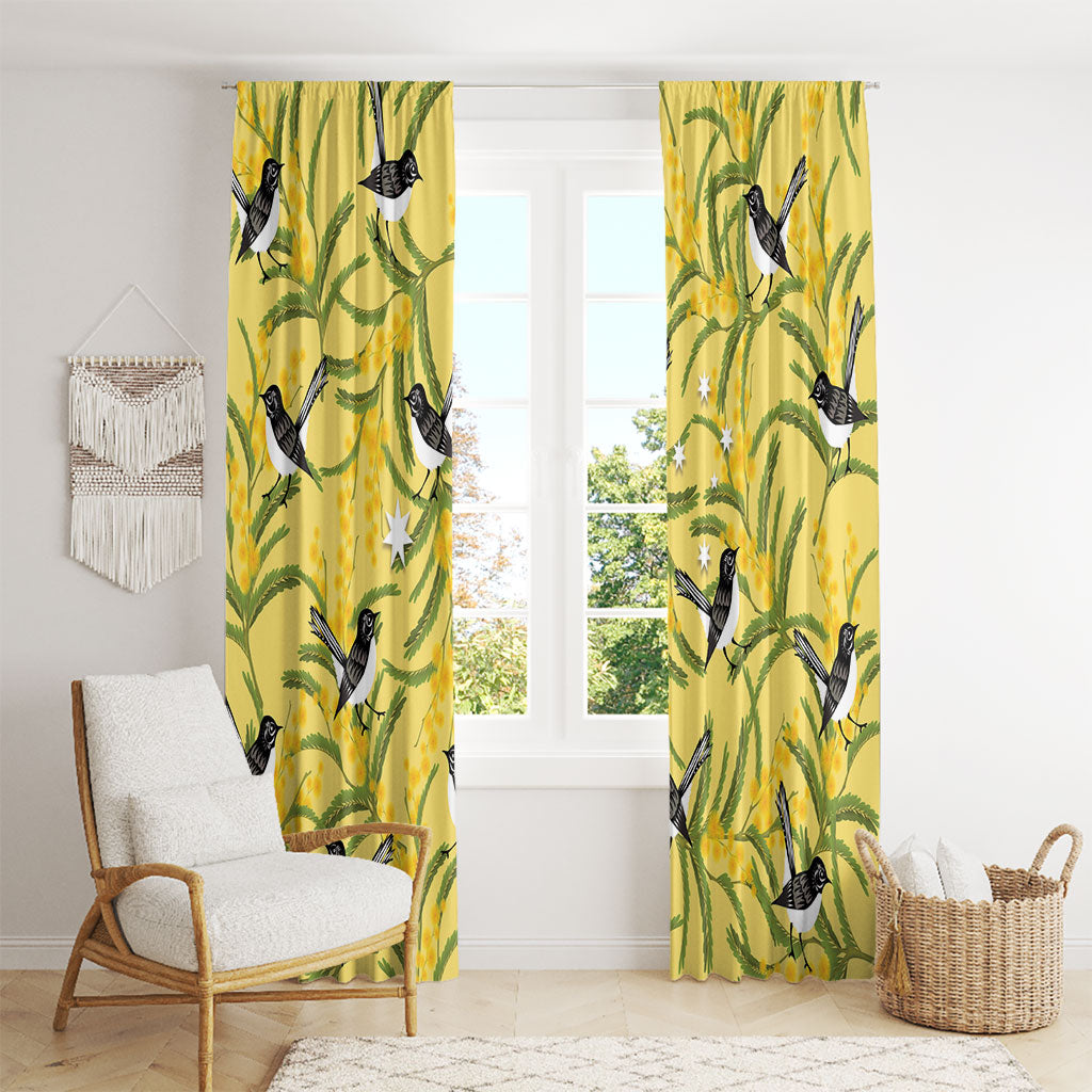 Australia Wattle Day Window Curtain Acacia Pycnantha Willie Wagtail Seamless Style