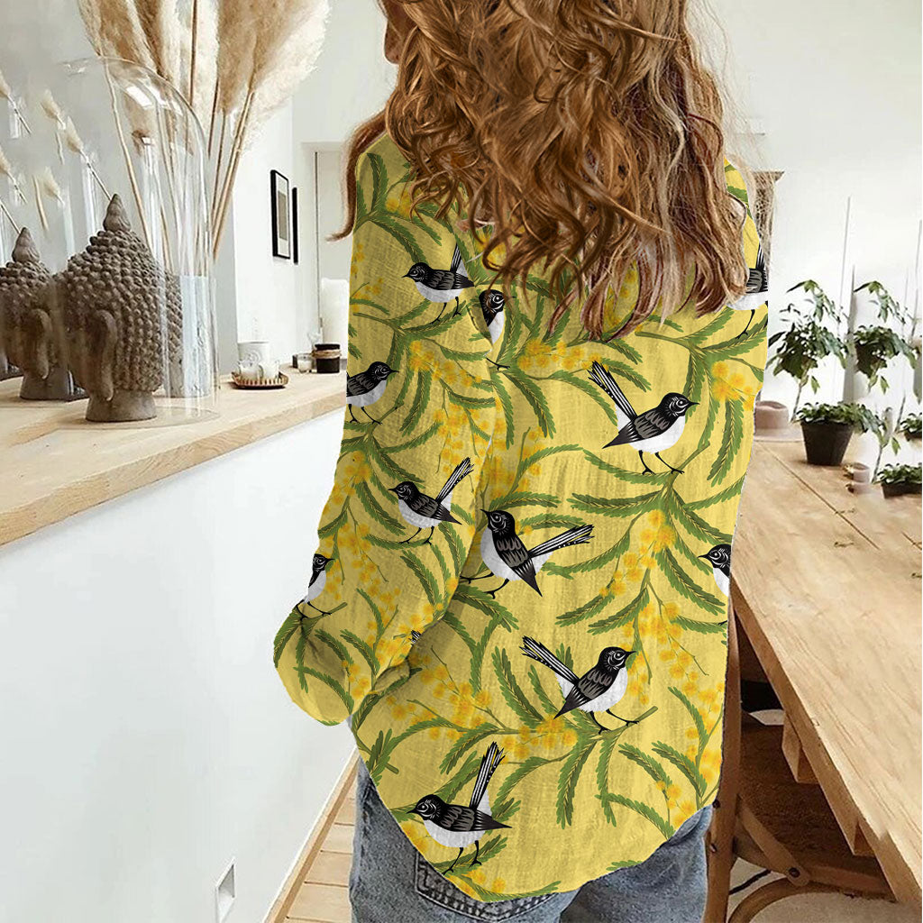 Australia Wattle Day Women Casual Shirt Acacia Pycnantha Willie Wagtail Seamless Style