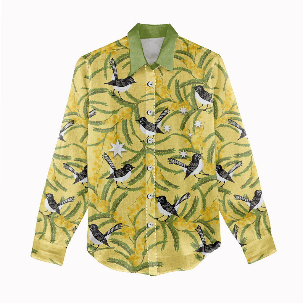 Australia Wattle Day Women Casual Shirt Acacia Pycnantha Willie Wagtail Seamless Style