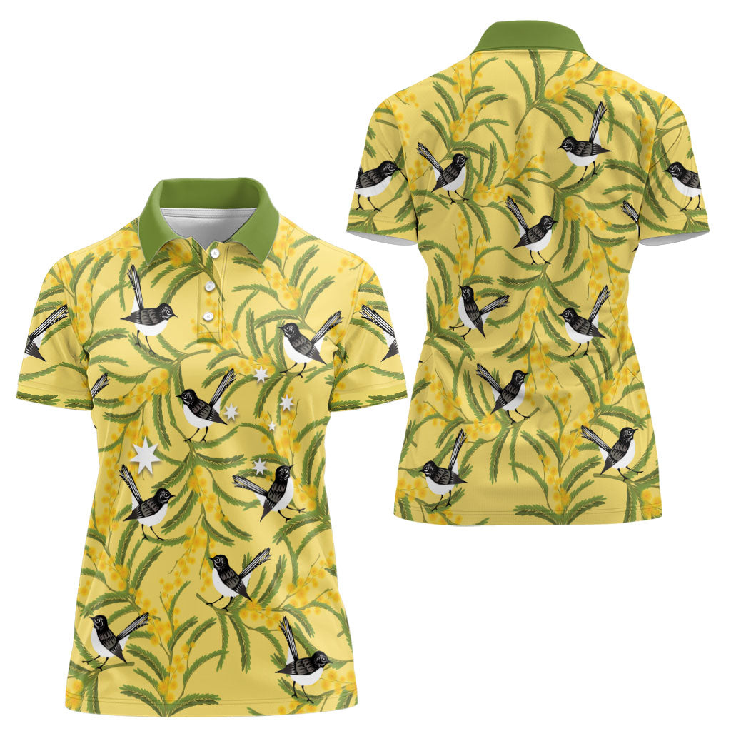 Australia Wattle Day Women Polo Shirt Acacia Pycnantha Willie Wagtail Seamless Style