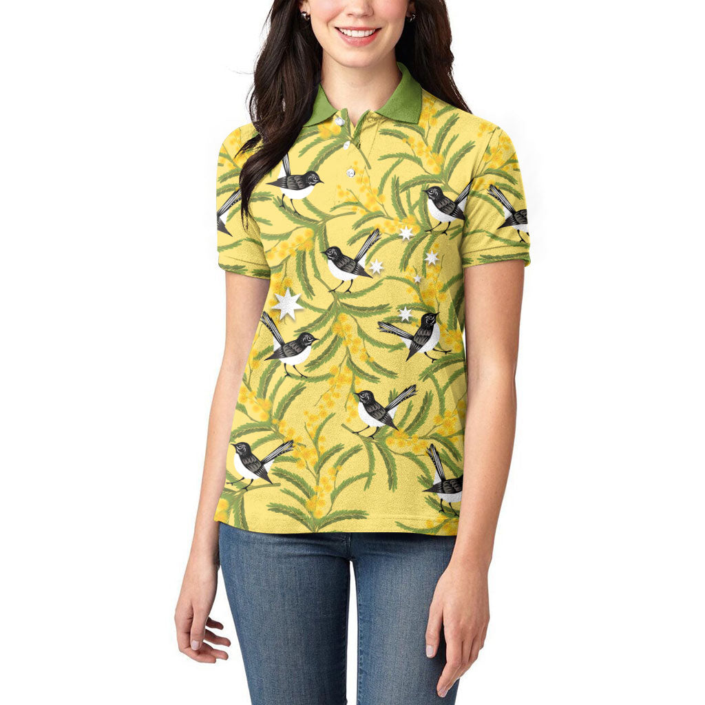 Australia Wattle Day Women Polo Shirt Acacia Pycnantha Willie Wagtail Seamless Style