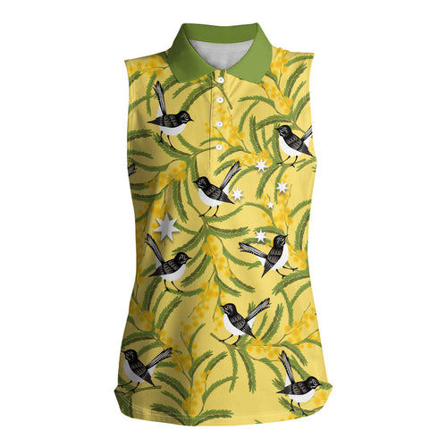 Australia Wattle Day Women Sleeveless Polo Shirt Acacia Pycnantha Willie Wagtail Seamless Style