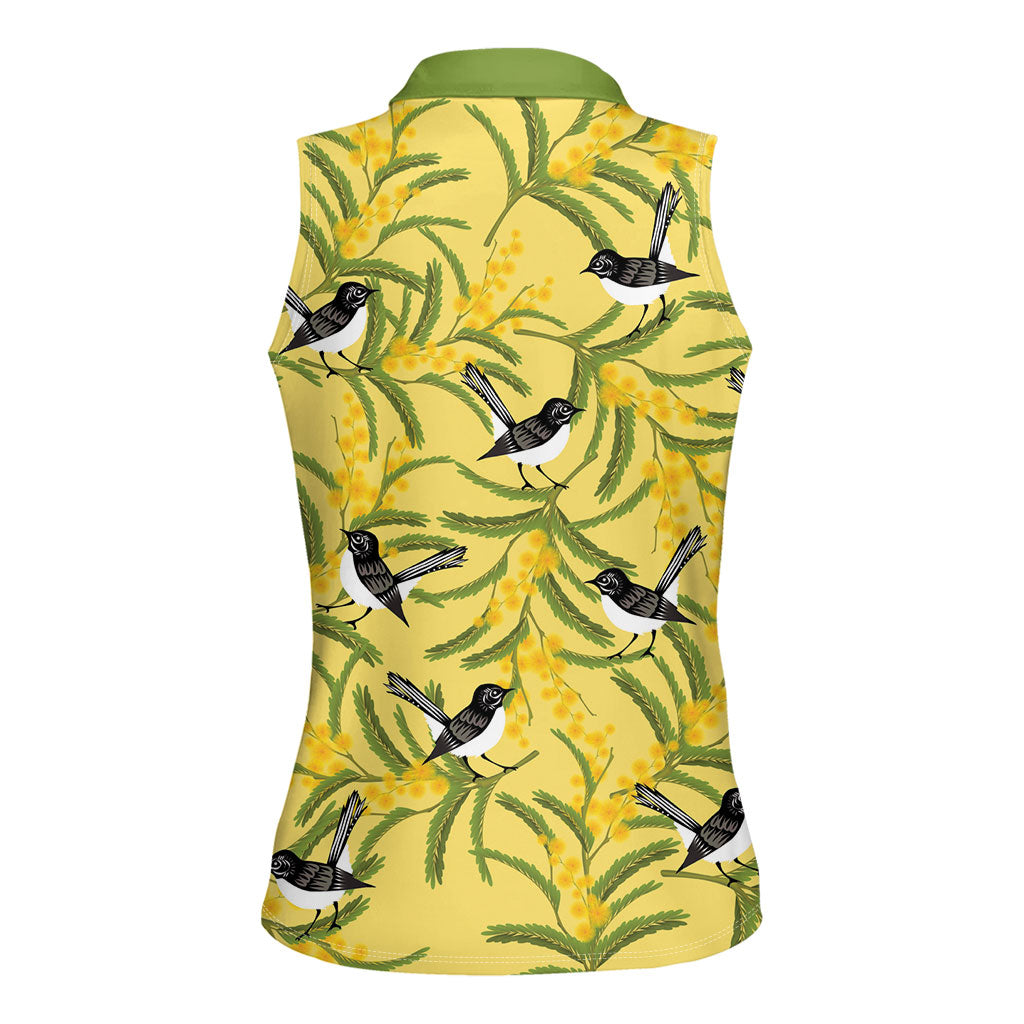 Australia Wattle Day Women Sleeveless Polo Shirt Acacia Pycnantha Willie Wagtail Seamless Style