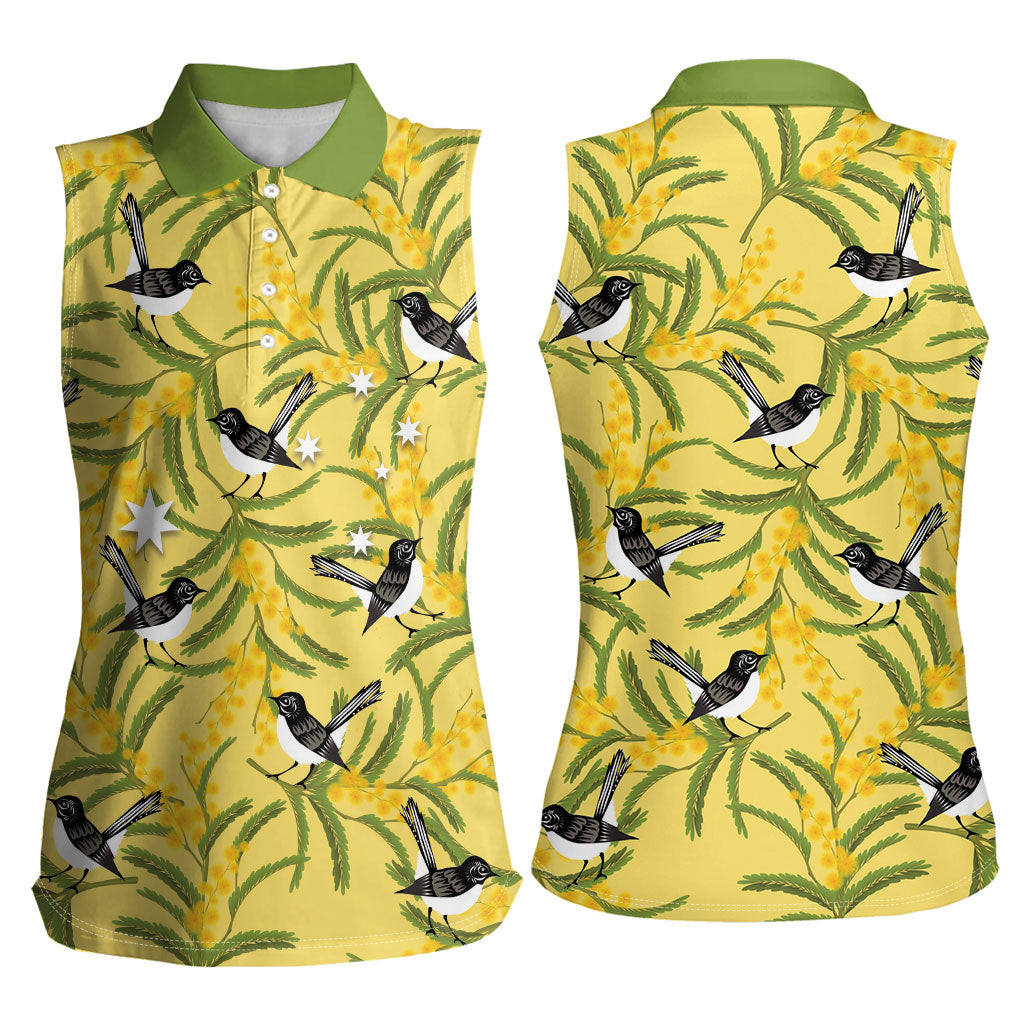 Australia Wattle Day Women Sleeveless Polo Shirt Acacia Pycnantha Willie Wagtail Seamless Style