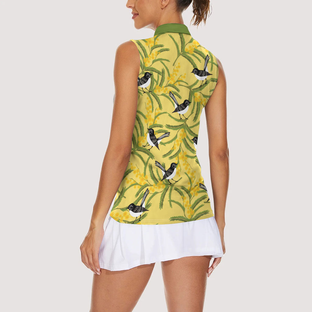 Australia Wattle Day Women Sleeveless Polo Shirt Acacia Pycnantha Willie Wagtail Seamless Style