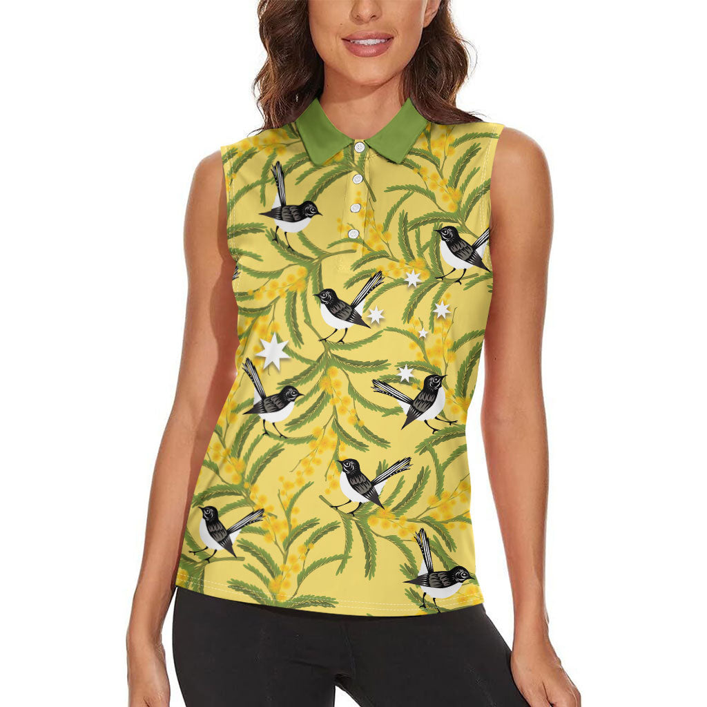Australia Wattle Day Women Sleeveless Polo Shirt Acacia Pycnantha Willie Wagtail Seamless Style