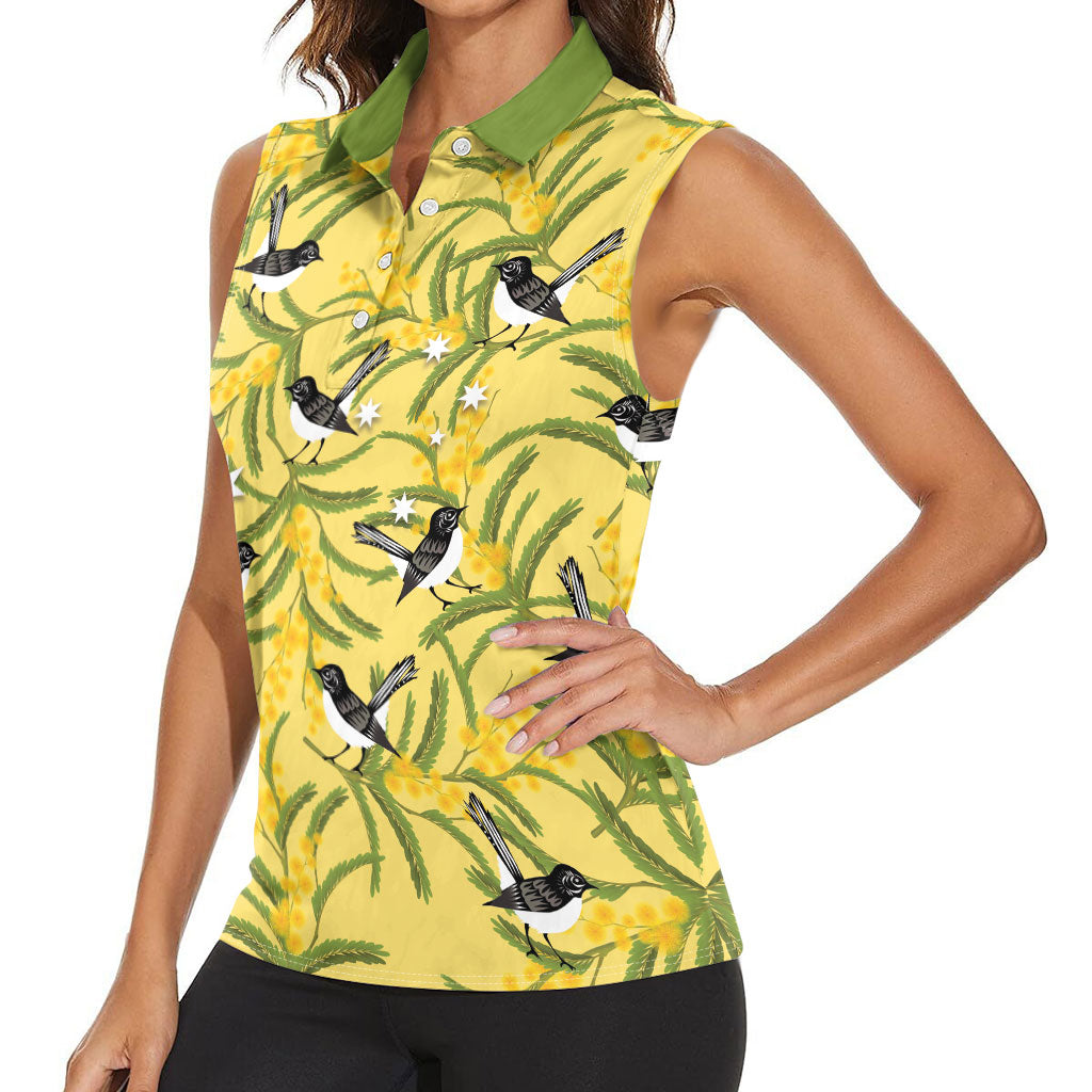Australia Wattle Day Women Sleeveless Polo Shirt Acacia Pycnantha Willie Wagtail Seamless Style