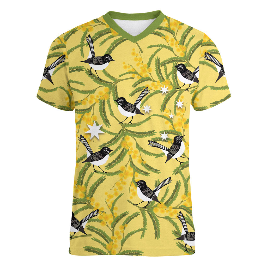 Australia Wattle Day Women V-Neck T-Shirt Acacia Pycnantha Willie Wagtail Seamless Style