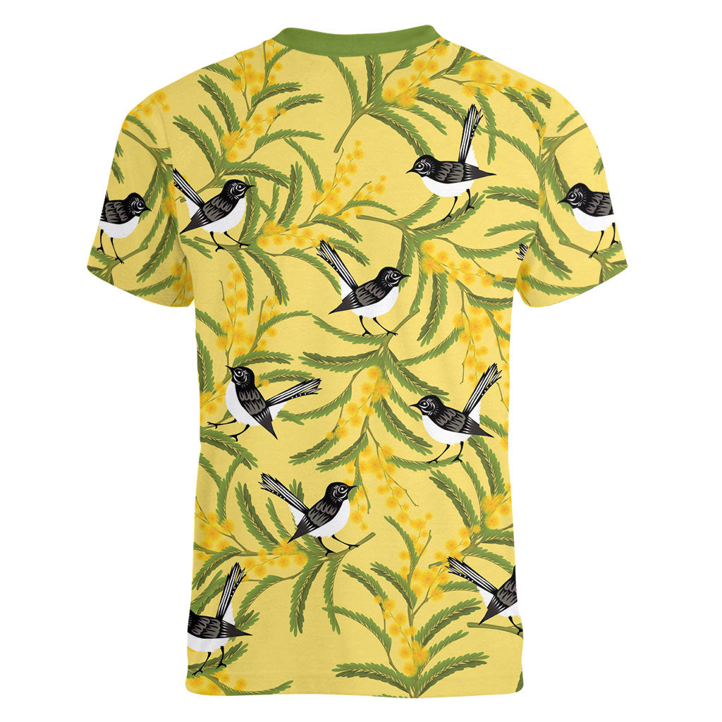 Australia Wattle Day Women V-Neck T-Shirt Acacia Pycnantha Willie Wagtail Seamless Style