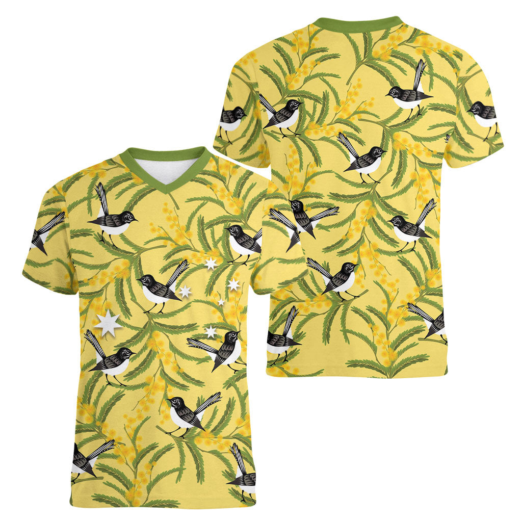 Australia Wattle Day Women V-Neck T-Shirt Acacia Pycnantha Willie Wagtail Seamless Style