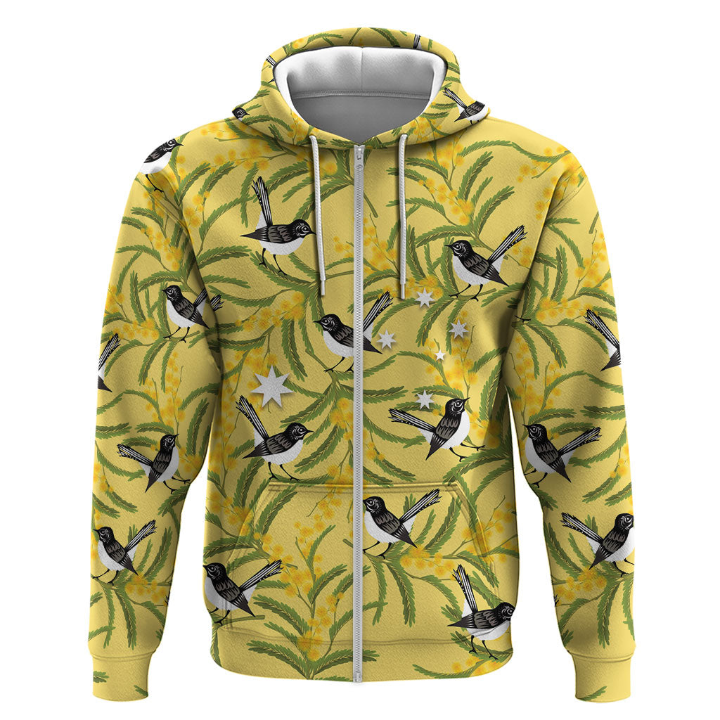 Australia Wattle Day Zip Hoodie Acacia Pycnantha Willie Wagtail Seamless Style