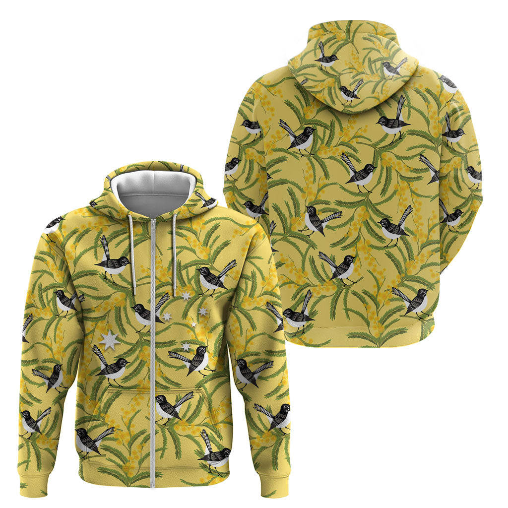 Australia Wattle Day Zip Hoodie Acacia Pycnantha Willie Wagtail Seamless Style