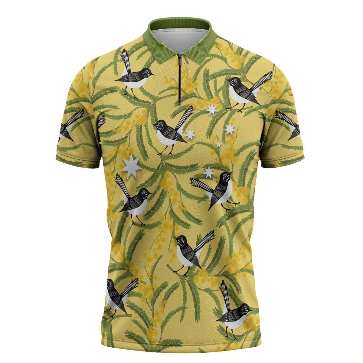 Australia Wattle Day Zipper Polo Shirt Acacia Pycnantha Willie Wagtail Seamless Style