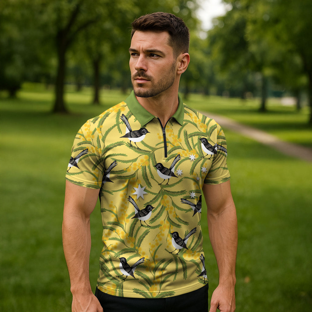 Australia Wattle Day Zipper Polo Shirt Acacia Pycnantha Willie Wagtail Seamless Style