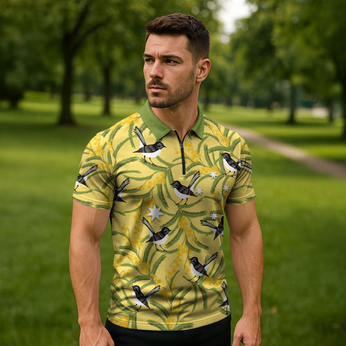 Australia Wattle Day Zipper Polo Shirt Acacia Pycnantha Willie Wagtail Seamless Style