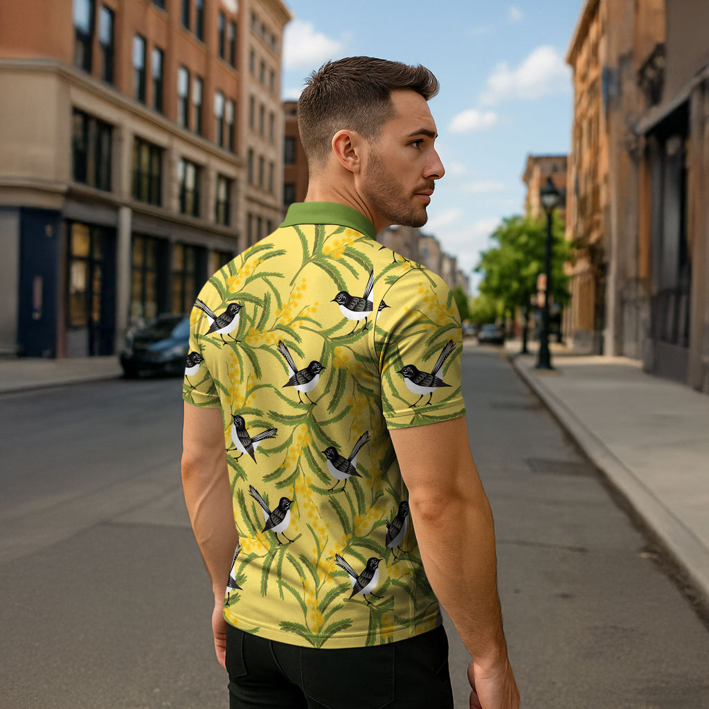 Australia Wattle Day Zipper Polo Shirt Acacia Pycnantha Willie Wagtail Seamless Style