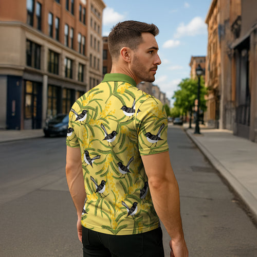 Australia Wattle Day Zipper Polo Shirt Acacia Pycnantha Willie Wagtail Seamless Style