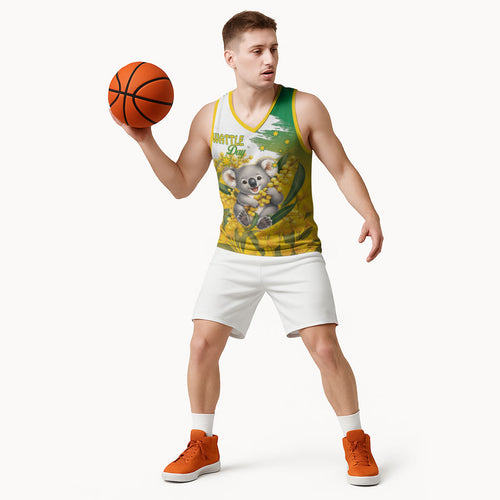 Australia Wattle Day Personalised Basketball Jersey Acacia Pycnantha Cute Koala