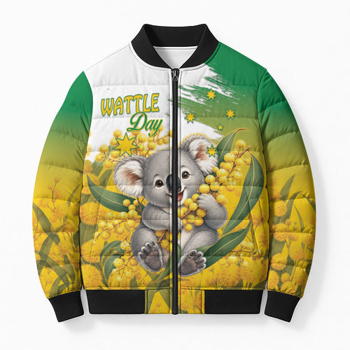 Australia Wattle Day Personalised Bomber Puffer Jacket Acacia Pycnantha Cute Koala