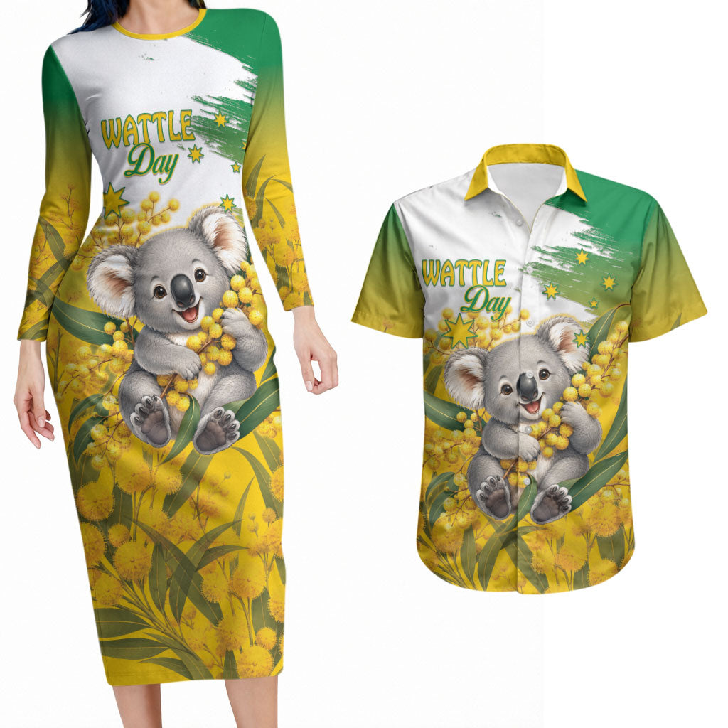 Australia Wattle Day Personalised Couples Matching Long Sleeve Bodycon Dress and Hawaiian Shirt Acacia Pycnantha Cute Koala