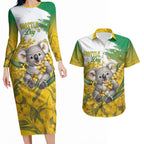 Australia Wattle Day Personalised Couples Matching Long Sleeve Bodycon Dress and Hawaiian Shirt Acacia Pycnantha Cute Koala
