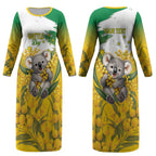 Australia Wattle Day Personalised Couples Matching Long Sleeve Bodycon Dress and Hawaiian Shirt Acacia Pycnantha Cute Koala