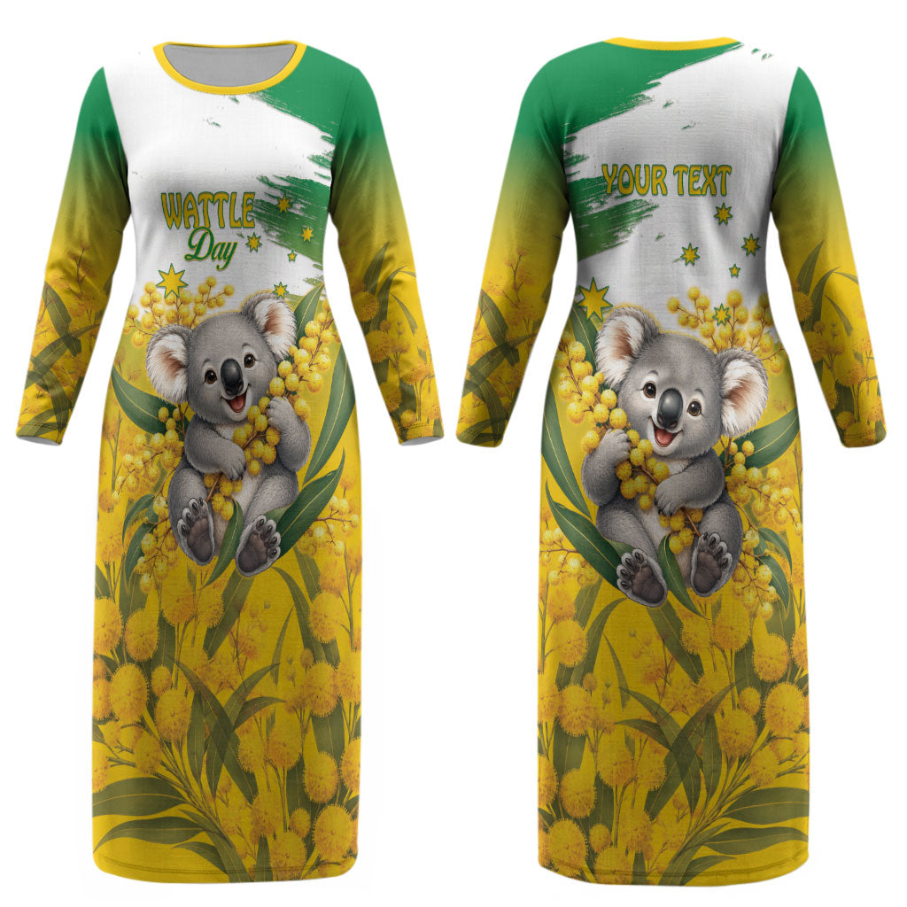 Australia Wattle Day Personalised Couples Matching Long Sleeve Bodycon Dress and Hawaiian Shirt Acacia Pycnantha Cute Koala