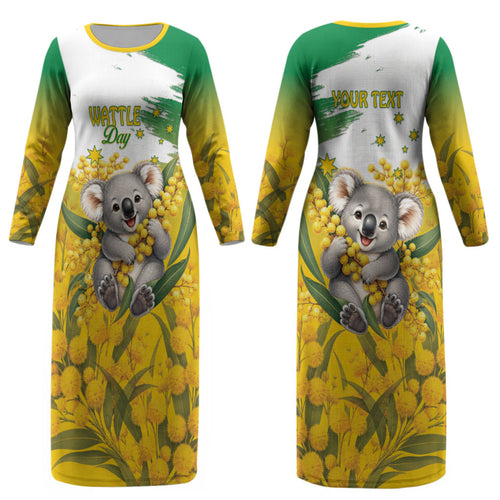 Australia Wattle Day Personalised Couples Matching Long Sleeve Bodycon Dress and Hawaiian Shirt Acacia Pycnantha Cute Koala