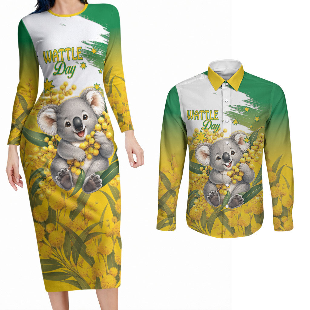 Australia Wattle Day Personalised Couples Matching Long Sleeve Bodycon Dress and Long Sleeve Button Shirt Acacia Pycnantha Cute Koala