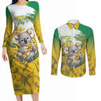 Australia Wattle Day Personalised Couples Matching Long Sleeve Bodycon Dress and Long Sleeve Button Shirt Acacia Pycnantha Cute Koala