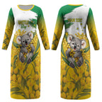 Australia Wattle Day Personalised Couples Matching Long Sleeve Bodycon Dress and Long Sleeve Button Shirt Acacia Pycnantha Cute Koala