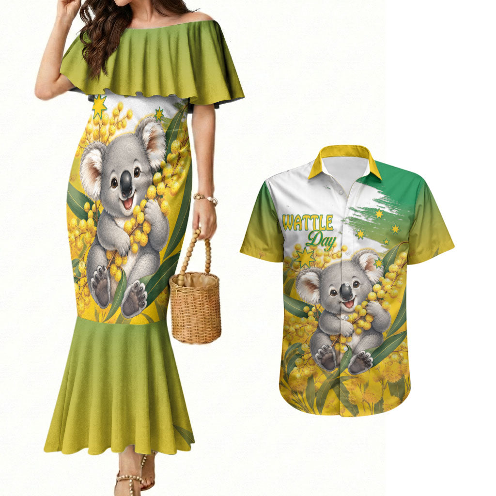 Australia Wattle Day Personalised Couples Matching Mermaid Dress and Hawaiian Shirt Acacia Pycnantha Cute Koala