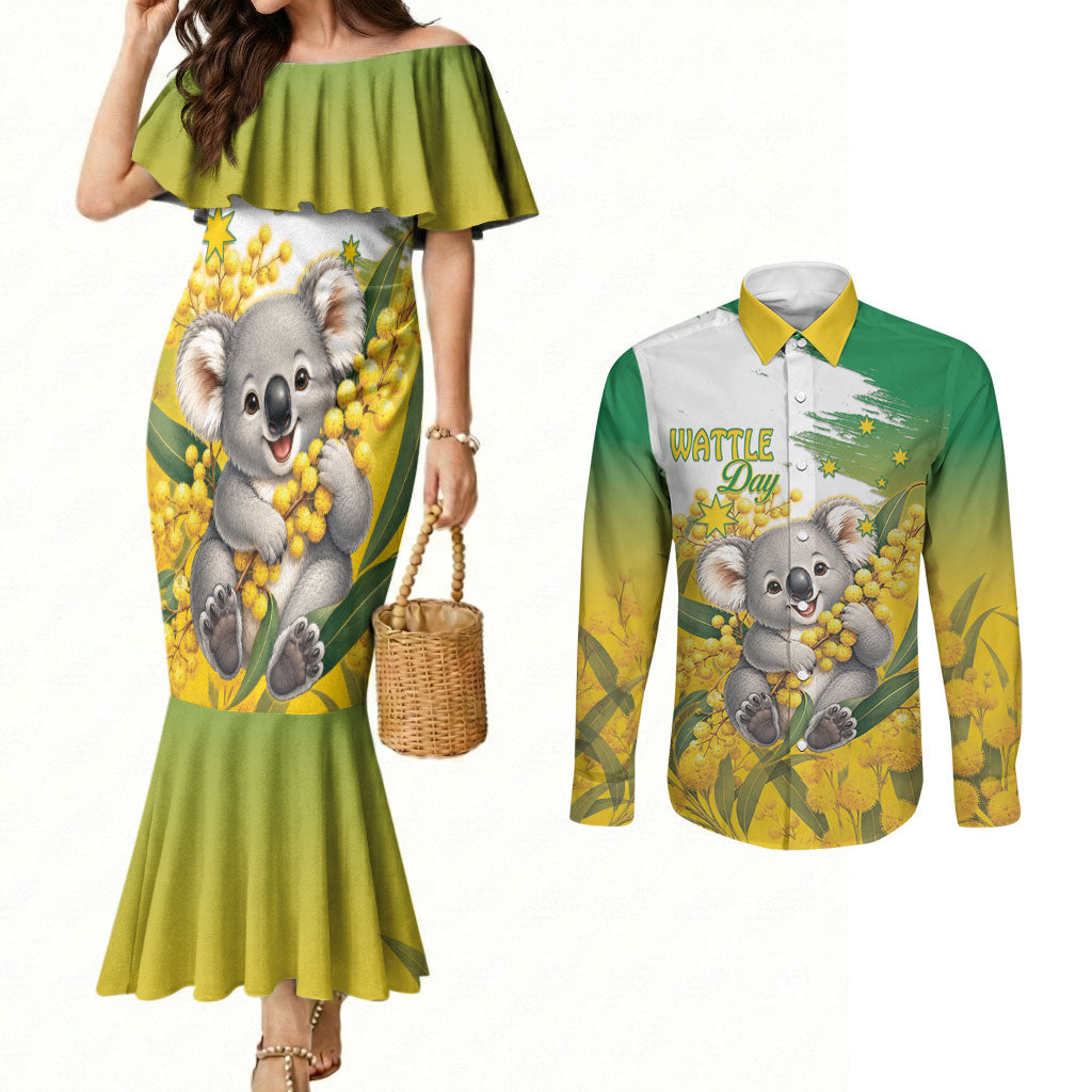 Australia Wattle Day Personalised Couples Matching Mermaid Dress and Long Sleeve Button Shirt Acacia Pycnantha Cute Koala