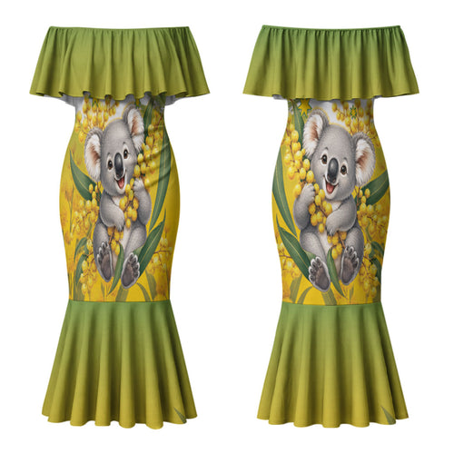 Australia Wattle Day Personalised Couples Matching Mermaid Dress and Long Sleeve Button Shirt Acacia Pycnantha Cute Koala