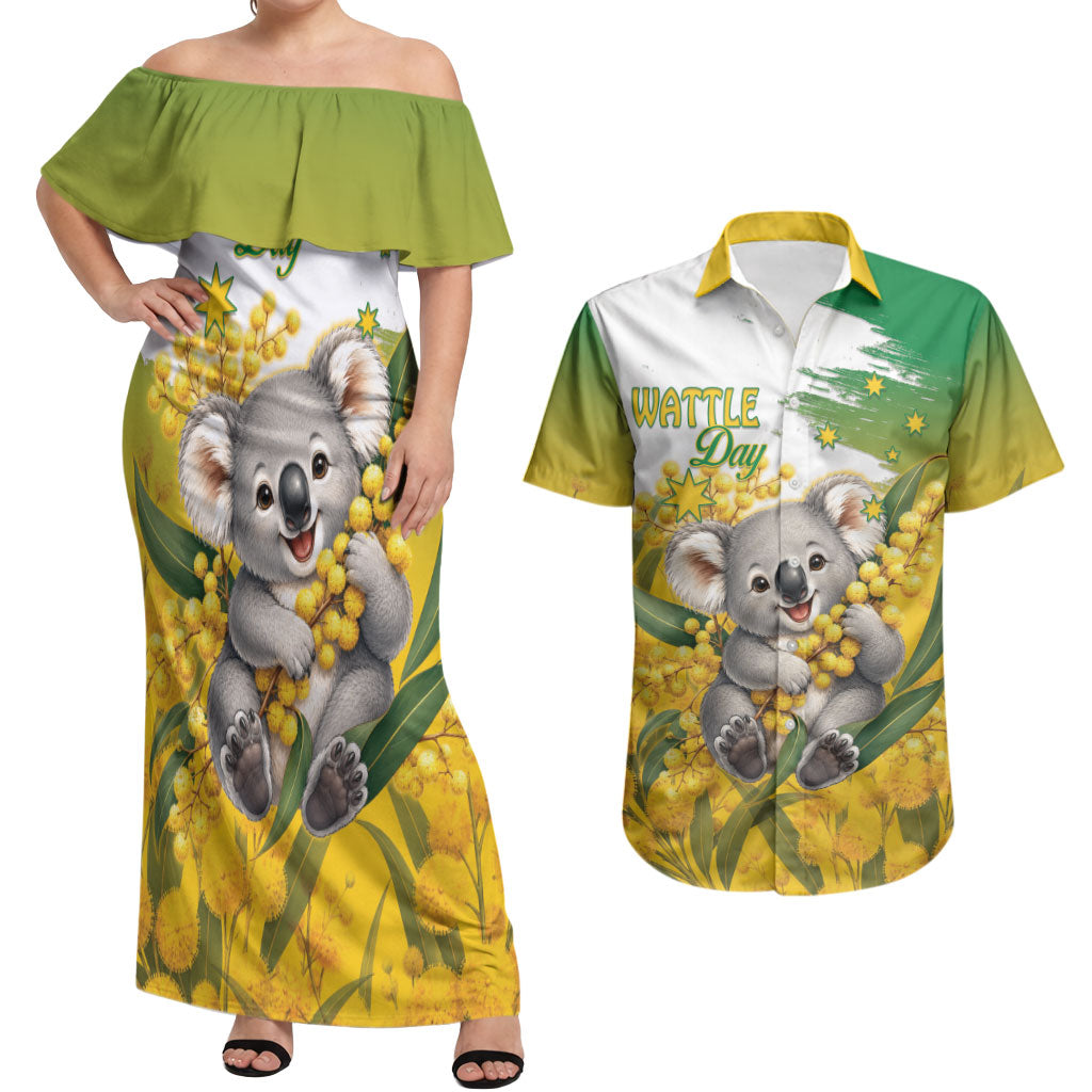 Australia Wattle Day Personalised Couples Matching Off Shoulder Maxi Dress and Hawaiian Shirt Acacia Pycnantha Cute Koala
