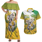 Australia Wattle Day Personalised Couples Matching Off Shoulder Maxi Dress and Hawaiian Shirt Acacia Pycnantha Cute Koala
