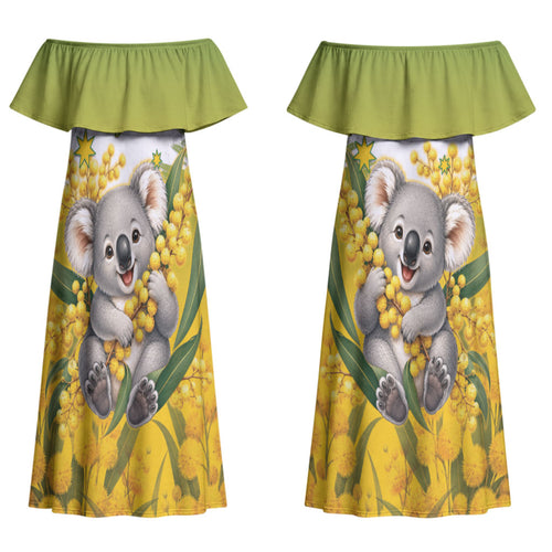 Australia Wattle Day Personalised Couples Matching Off Shoulder Maxi Dress and Hawaiian Shirt Acacia Pycnantha Cute Koala