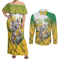 Australia Wattle Day Personalised Couples Matching Off Shoulder Maxi Dress and Long Sleeve Button Shirt Acacia Pycnantha Cute Koala